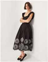 Monsoon Cotton Rich Embroidered Midi Waisted Dress Black Mix