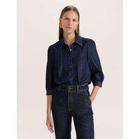 Denim Tie Neck Puff Sleeve Shirt