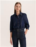 Denim Tie Neck Puff Sleeve Shirt