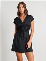Pure Linen V-Neck Pintuck Mini Dress