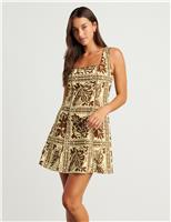 Pure Linen Printed Square Neck Mini Dress