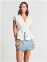 Pure Linen V-Neck Pintuck Blouse