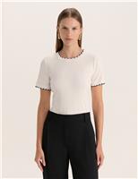 Cotton Blend Ribbed Scallop Trim T-Shirt