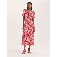 Finery London Floral V-Neck Button Through Midi Tea Dress Red Mix