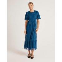 Finery London Mesh Floral Embroidered Midi Tiered Dress Blue