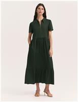 V-Neck Zip Up Midaxi Shirt Dress