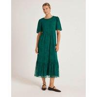 Finery London Mesh Floral Embroidered Midi Tiered Dress Green