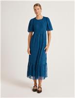 Finery London Mesh Floral Embroidered Midi Tiered Dress Green