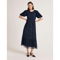 Finery London Mesh Floral Embroidered Midi Tiered Dress Navy