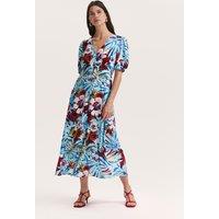 Finery London Floral V-Neck Button Through Midi Tea Dress Blue Mix