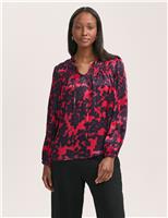 Crepe Floral Tie Neck Shirred Blouse