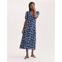 Finery London Leaf Print V-Neck Midi Tea Dress with Linen Blue Mix