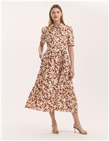 Leaf Print Midi Shirt Dress