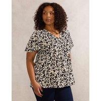 Jersey Floral V-Neck Pleat Detail Blouse