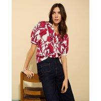 Pure Cotton Floral Collared Puff Sleeve Blouse