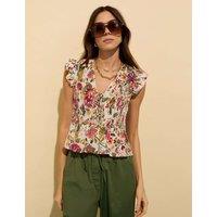 Pure Cotton Floral V-Neck Smocked Blouse