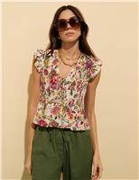 BAUKJEN Pure Cotton Floral V-Neck Smocked Blouse Pink Mix