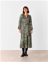 Whistles Leopard Print Notch Neck Midi Skater Dress Khaki Mix