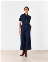 Whistles Denim Belted Short Sleeve Jumpsuit Ivory