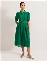 Broderie Checked Belted Puff Sleeve Midi Shirt Dress