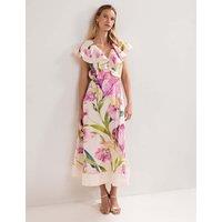 Linen Rich Floral V-Neck Ruffle Midi Waisted Dress