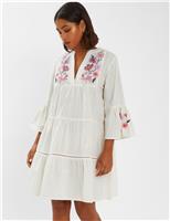 Cotton Rich V-Neck Mini Beach Dress with Linen