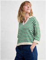 Striped Collared Relaxed Jumper with Linen