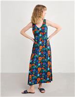 Pure Cotton Floral V-Neck Midaxi Waisted Dress