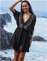 Embroidered V-Neck Tie Waist Mini Kaftan