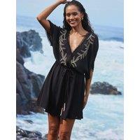 SOSANDAR Embroidered V-Neck Tie Waist Mini Kaftan Black