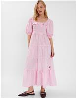 Pure Cotton Gingham Square Neck Maxi Dress