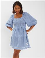 Pure Cotton Gingham Square Neck Mini Dress