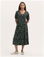 Jersey Floral V-Neck Midi Waisted Dress