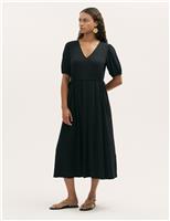 Jersey V-Neck Midi Waisted Dress