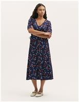 Jersey Floral V-Neck Midi Waisted Dress