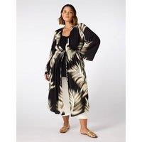 Leaf Print Drawstring Waist Longline Kimono