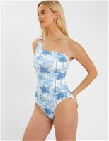 Palm Print One Shoulder Swimsuit