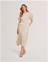 Belted Puff Sleeve Midi Tailored Dress