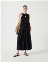 Linen Blend Pleated Midi A-Line Skirt