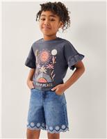 Cotton Rich Embellished Frill Sleeve Top (3-13 Yrs)