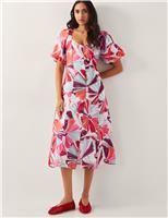 Floral Puff Sleeve Midi Skater Dress