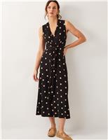 Monsoon Polka Dot V-Neck Tie Front Midi Skater Dress Black