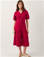 Monsoon Pure Cotton V-Neck Midi Tiered Dress Red