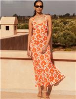 Orange Poppy-Print Scoop-Neck Midi Dress