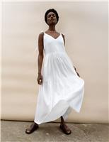 RO&ZO Pure Linen Tie Strap Tiered Maxi Dress Cream