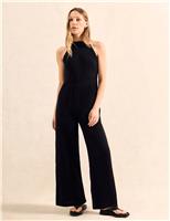 RO&ZO Shirred Waist Cheesecloth Jumpsuit Black
