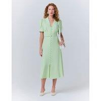 V-Neck Belted Button Through Midi Tea Dress