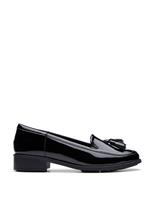 Clarks Wide Fit Leather Patent Block Heel Loafers Black