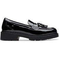 Clarks Leather Patent Tassel Block Heel Loafers Black