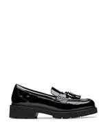 Clarks Leather Patent Tassel Block Heel Loafers Black